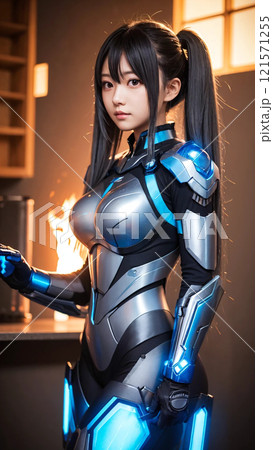青いサイボーグスーツの美女 121571255