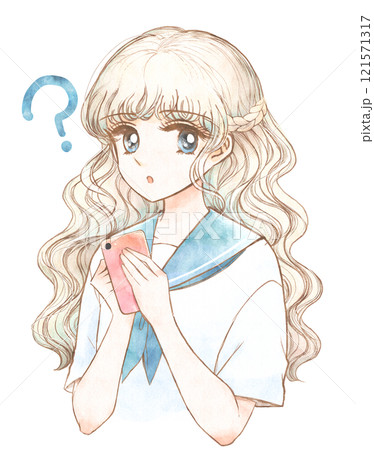 スマートホンを持つ女の子のレトロイラスト・ハテナ疑問 121571317