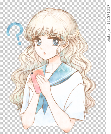 スマートホンを持つ女の子のレトロイラスト・ハテナ疑問 121571317