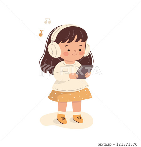 Cute cartoon girl listening to music on tablet with headphones. Flat illustration isolated on white background 121571370