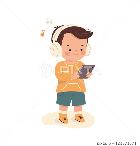 Cute cartoon boy listening to music on tablet with headphones. Flat illustration on white background	 121571371