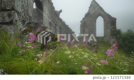 歴史を感じる廃墟と花 121571389