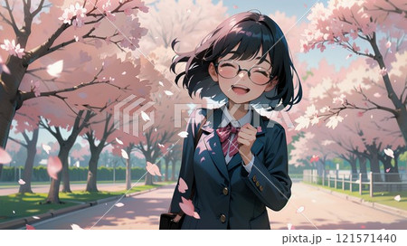 桜を背景に立つ女子高生 121571440