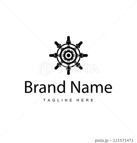 simple design of maritime sea vehicle with ship steering wheel logo concept silhouette template illustration symbol 121571471