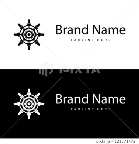 simple design of maritime sea vehicle with ship steering wheel logo concept silhouette template illustration symbol 121571472