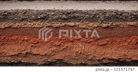 Cross-section through a soil layer with different colored sediment layers formed in the course of the earth's history 121571797