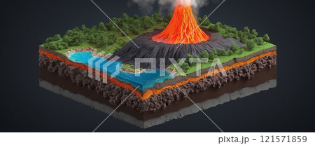 Cross-section of a piece of the earth's crust, different composition and dynamic processes in the earth's layers and the geological changes on the earth's mantle 121571859