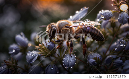 Close-up of a honey bee searching for nectar and food for the bee colony, important for pollination in nature and the ecosystem Close-up of a honey bee searching for nectar and food for the bee colony, important for pollination in nature and the ecosystem 121571879