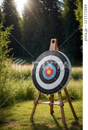 Single standing archery target on which one should symbolically concentrate in order to become successful 121571894
