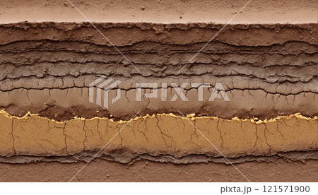 Cross-section through a soil layer with different colored sediment layers formed in the course of the earth's history 121571900