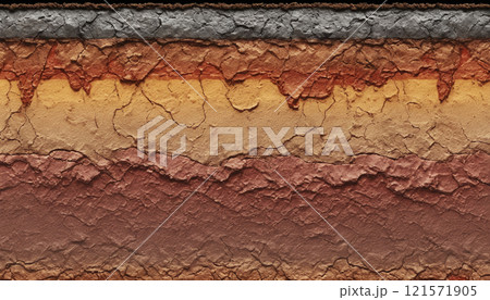 Cross-section through a soil layer with different colored sediment layers formed in the course of the earth's history 121571905