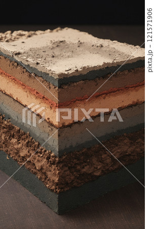 Cross-section through a soil layer with different colored sediment layers formed in the course of the earth's history 121571906