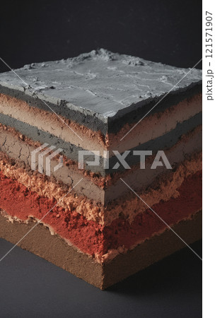 Cross-section through a soil layer with different colored sediment layers formed in the course of the earth's history 121571907