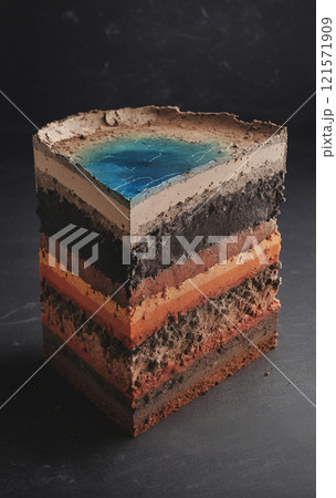Cross-section through a soil layer with different colored sediment layers formed in the course of the earth's history 121571909