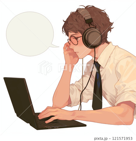 【フキダシ】PCで作業しながら話す男性 121571953