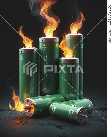 illustration of various everyday batteries that can heat up and catch fire due to a short circuit, overcharging or an internal defect 121572226