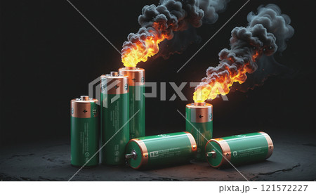 illustration of various everyday batteries that can heat up and catch fire due to a short circuit, overcharging or an internal defect 121572227