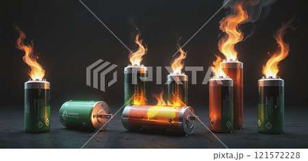 illustration of various everyday batteries that can heat up and catch fire due to a short circuit, overcharging or an internal defect 121572228