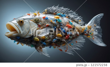 illustrative representation of a food fish made entirely of plastic, showing the accumulation of micro plastic in marine life and food from the sea 121572238