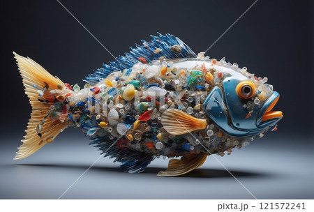 illustrative representation of a food fish made entirely of plastic, showing the accumulation of micro plastic in marine life and food from the sea 121572241