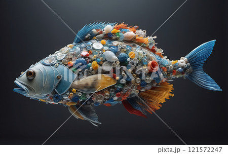 illustrative representation of a food fish made entirely of plastic, showing the accumulation of micro plastic in marine life and food from the sea 121572247