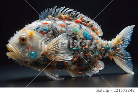 illustrative representation of a food fish made entirely of plastic, showing the accumulation of micro plastic in marine life and food from the sea 121572248
