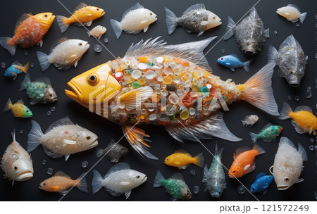 illustrative representation of a food fish made entirely of plastic, showing the accumulation of micro plastic in marine life and food from the sea 121572249