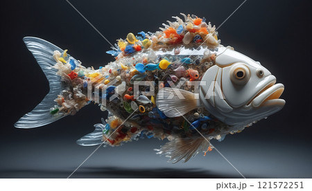 illustrative representation of a food fish made entirely of plastic, showing the accumulation of micro plastic in marine life and food from the sea 121572251