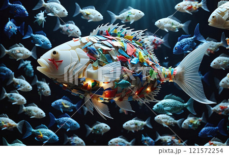 illustrative representation of a food fish made entirely of plastic, showing the accumulation of micro plastic in marine life and food from the sea 121572254