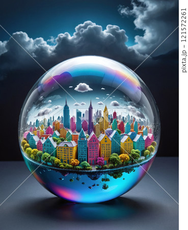 conceptual representation of a city or village wrapped in a bubble, city as a self-contained system 121572261