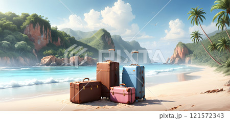 Luggage standing lonely and abandoned on a vacation beach, luggage insurance on vacation in the event of theft or loss 121572343