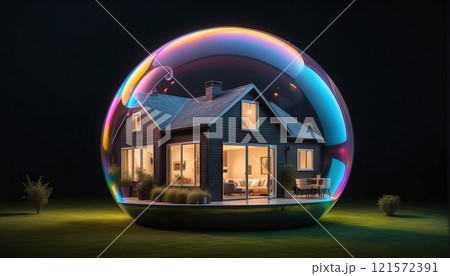 conceptual representation of a beautiful house or property wrapped in a bubble as a wish or dream to finance and own a home by credit or equity, risks of the real estate crisis 121572391