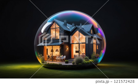 conceptual representation of a beautiful house or property wrapped in a bubble as a wish or dream to finance and own a home by credit or equity, risks of the real estate crisis 121572428