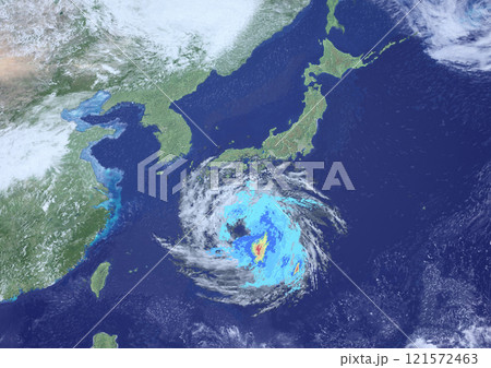 西日本に接近した大型台風と雨雲レーダーの天気図　架空(3DCGイメージ) 121572463