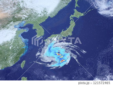 西日本に接近した大型台風と雨雲レーダーの天気図　架空(3DCGイメージ) 121572465
