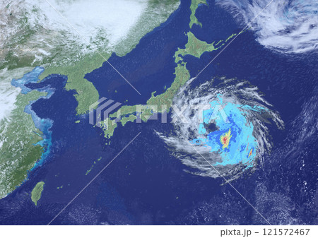 東日本に接近した大型台風と雨雲レーダーの天気図　架空(3DCGイメージ) 121572467