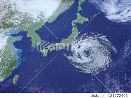 東日本に接近した大型台風の天気図　架空(3DCGイメージ) 121572468