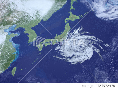 東日本に接近した大型台風の天気図 架空(3DCGイメージ) 東日本に接近した大型台風の天気図 架空(3DCGイメージ) 121572470
