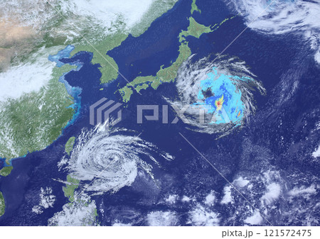 日本付近にダブルで接近する大型台風と　雨雲レーダーの天気図　架空(3DCGイメージ) 121572475
