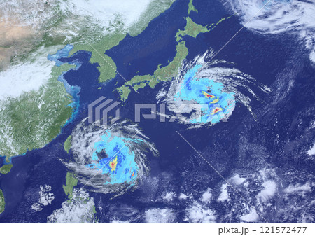 日本付近にダブルで接近する大型台風と 雨雲レーダーの天気図 架空(3DCGイメージ) 日本付近にダブルで接近する大型台風と 雨雲レーダーの天気図 架空(3DCGイメージ) 121572477