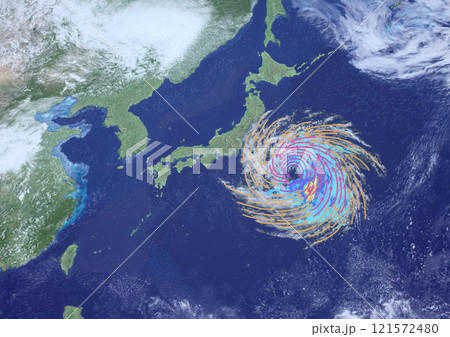 日本付近に接近する大型台風の風向きと強さを表した天気図 架空(3DCGイメージ) 日本付近に接近する大型台風の風向きと強さを表した天気図 架空(3DCGイメージ) 121572480