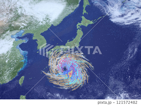 日本付近に接近する大型台風の風向きと強さを表した天気図　架空(3DCGイメージ) 121572482