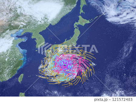 日本付近に接近する大型台風の風向きと強さを表した天気図　架空(3DCGイメージ) 121572483