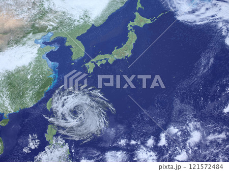 日本の南方から徐々に接近する大型台風の天気図 架空(3DCGイメージ) 日本の南方から徐々に接近する大型台風の天気図 架空(3DCGイメージ) 121572484
