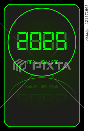 2025 Happy new year digital clock. Electronic watch. Alarm timer, countdown, time display with circle green led numbers. Vector illustration isolated on black background 2025 Happy new year digital clock. Electronic watch. Alarm timer, countdown, time display with circle green led numbers. Vector illustration isolated on black background 121572667