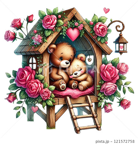 A charming illustration of teddy bears in a flower-adorned house. Valentine Cartoon character. 121572758