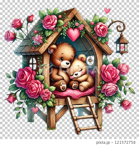 A charming illustration of teddy bears in a flower-adorned house. Valentine Cartoon character. 121572758