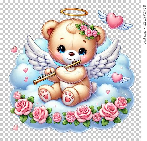 A cute angel bear playing flute among flowers and hearts. Valentine Cartoon character. 121572759