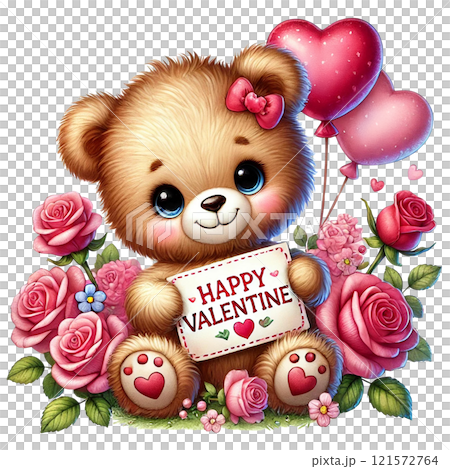 Adorable teddy bear holding a Valentine's card surrounded by roses. Valentine Cartoon character. 121572764