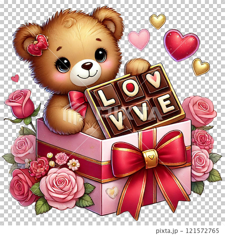 Adorable teddy bear in a gift box surrounded by roses and hearts. Valentine Cartoon character. 121572765